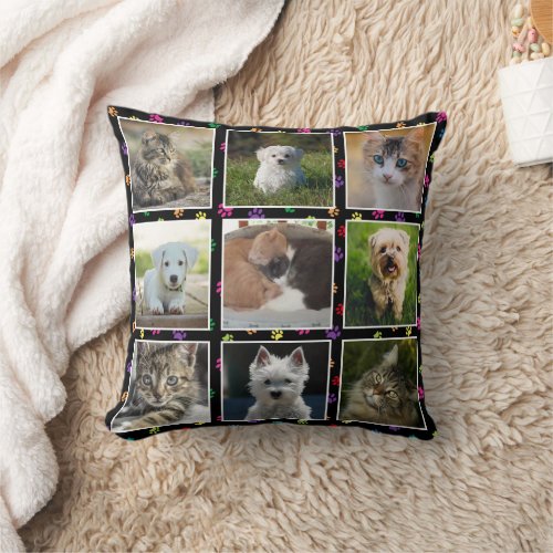 Dogs Cats Colorful Paw Prints Pet Photo Collage Throw Pillow