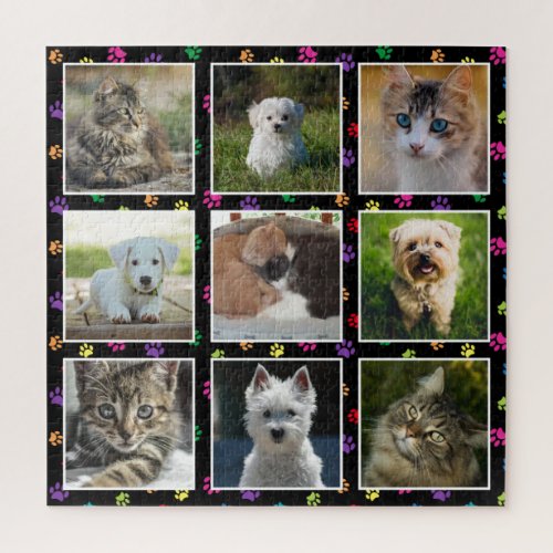 Dogs Cats Colorful Paw Prints Pet Photos Difficult Jigsaw Puzzle