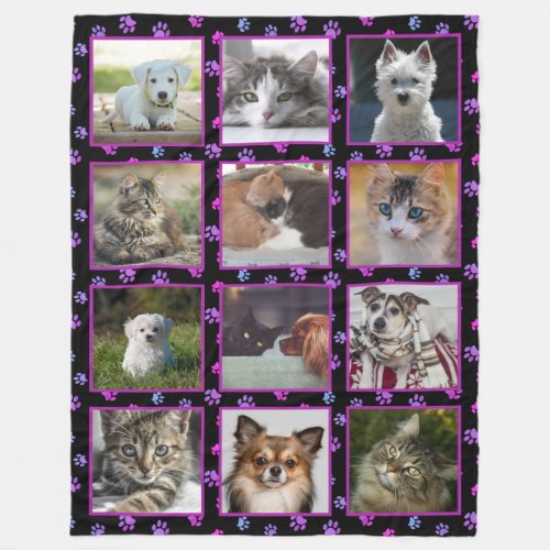 Dogs Cats Pink Purple Blue Paw Prints Pet Photos Fleece Blanket