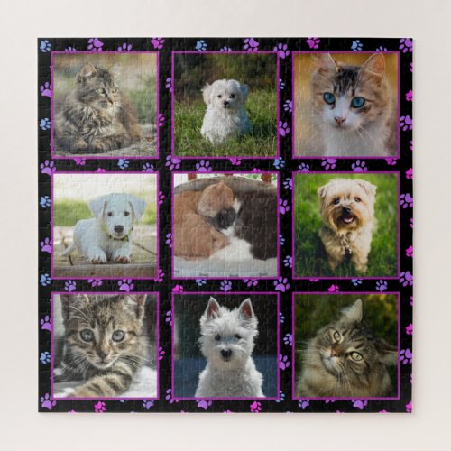 Dogs Cats Pink Purple Blue Paw Prints Pet Photos Jigsaw Puzzle