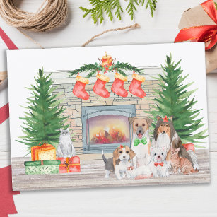 Dogs Cats Puppies Kittens Fireplace Christmas Holi Holiday Card