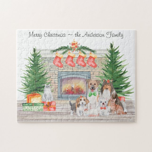 Dogs Cats Puppies Kittens Fireplace Christmas Jigsaw Puzzle (Horizontal)