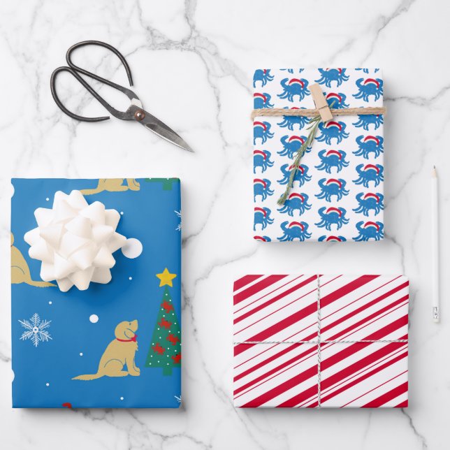 Dogs Crabs Christmas Tree Gift Wrap Set of 3 (Front)