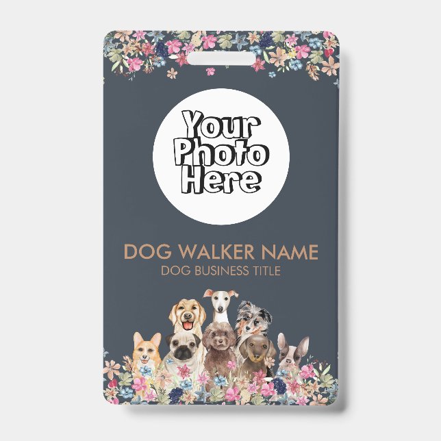 Dogs Cute Floral Watercolor Photo Badge (Front)