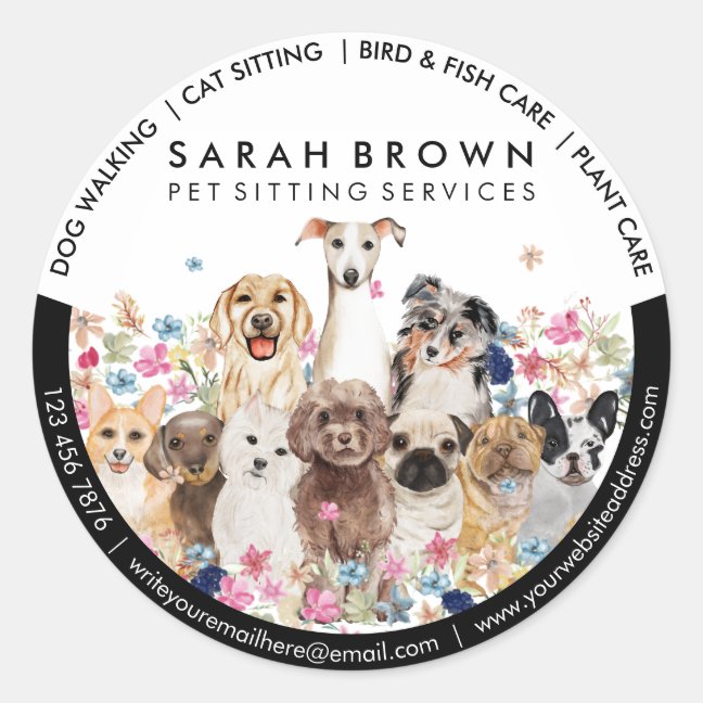 Dogs Drawing and Floral Frame Classic Round Sticker