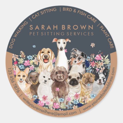 Dogs Drawing with Floral Frame Classic Round Sticker