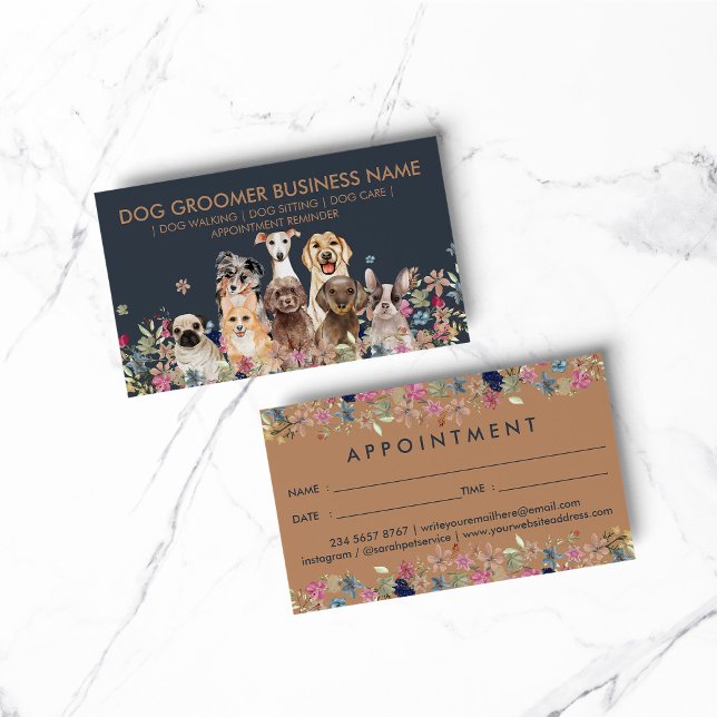 Dogs eight puppies with flowers Appointment Business Card (pet animal dog cat veterinary farm)