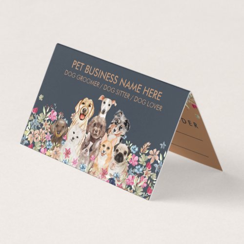 Dogs eight type puppy with flowers navy brown business card