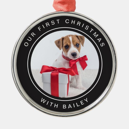 Dogs First Christmas  Black and White with Photo Metal Ornament