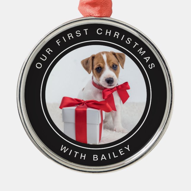 Dog's First Christmas | Black and White with Photo Metal Ornament (Front)