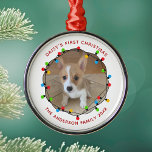 Dog's First Christmas Cute Custom Puppy Keepsake Metal Ornament<br><div class="desc">This cute Christmas puppy photo keepsake ornament features a bright,  beautiful strand of Xmas lights framing your dog's photograph in a festive circle. Customize your own message on the bottom in red for a colorful holiday gift. Personalize for your pup's first Christmas with your family.</div>