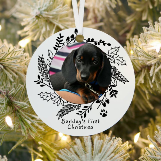 Dogs First Christmas Personalized Photo and Name Metal Ornament (Insitu)