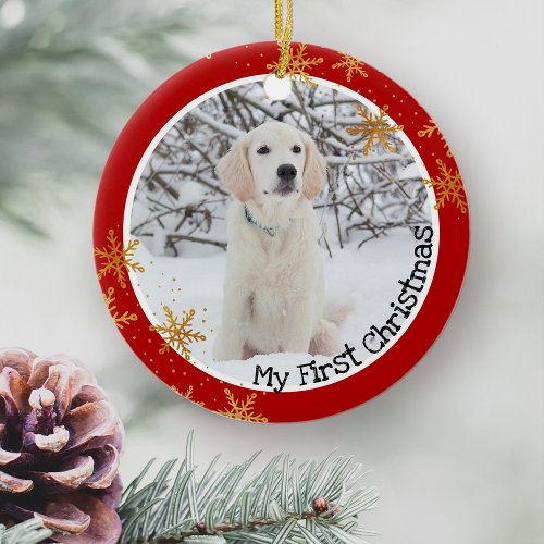 Dogs First Christmas Red Gold Snowflakes Photo Ceramic Ornament