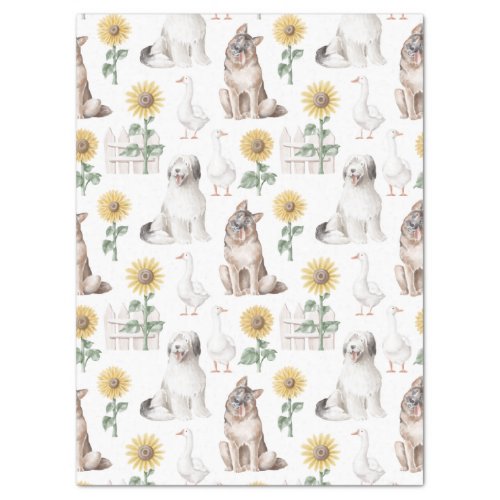 Dogs Flowers and Ducks on White Decoupage Tissue Paper