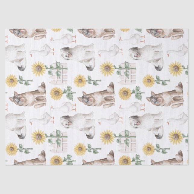 Dogs, Flowers, and Ducks on White Decoupage Tissue Paper (Front)