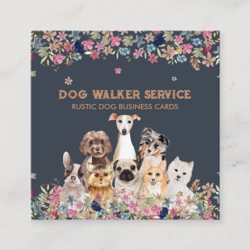 Dogs Flowers Rustic Pet Service Floral Square Business Card