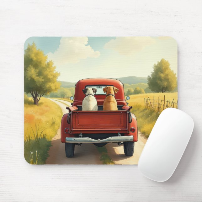 Dogs In a Red Retro Truck Mouse Pad (With Mouse)