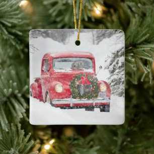 Dogs in a Truck Ceramic Ornament