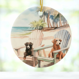 Dogs in Adirondack Chairs Pastel Beach Scene Ceramic Ornament