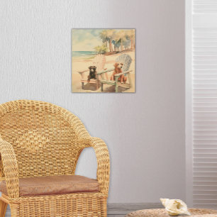 Dogs in Adirondack Chairs Pastel Beach Scene Wood Wall Art