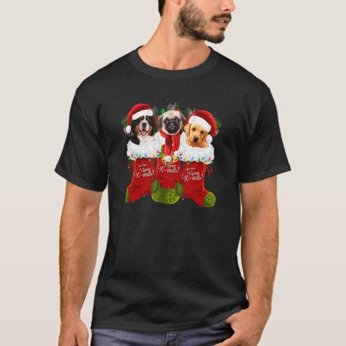Dogs In Christmas Socks Pugs Labrador Border Colli T-Shirt