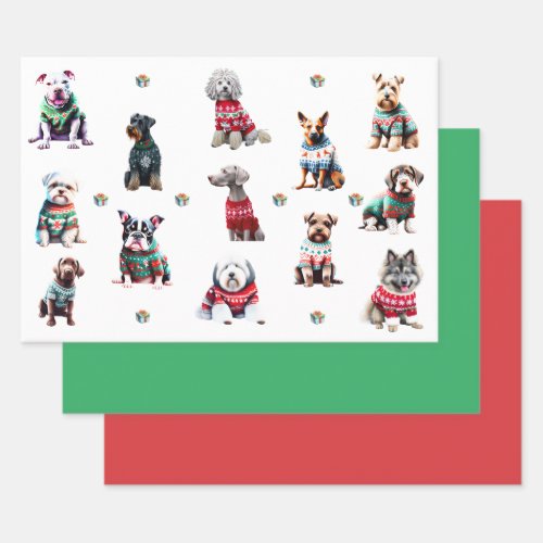 Dogs in Christmas Sweaters Plus Solids Green Red  Wrapping Paper Sheets