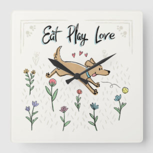 Dogs in the Garden II Eat Play Love Square Wall Clock