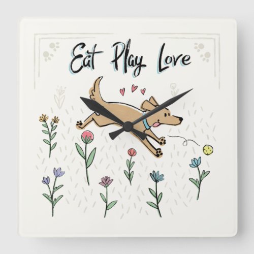 Dogs in the Garden II  Eat Play Love Square Wall Clock