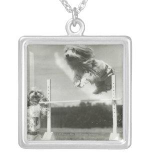 Dogs jumping over miniature high jump bar silver plated necklace