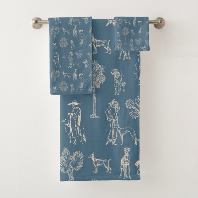Dogs Lady Toile de Jouy Dark Turquoise Bath Towel Set (Insitu)