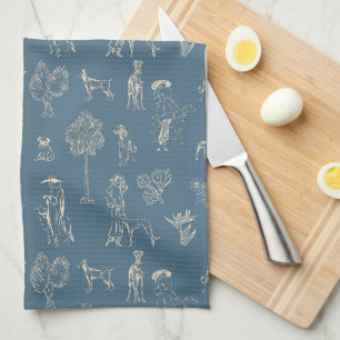 Dogs Lady Toile de Jouy Dark Turquoise Kitchen Towel