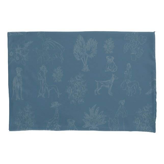 Dogs Lady Toile de Jouy Dark Turquoise Pillow Case (Front)