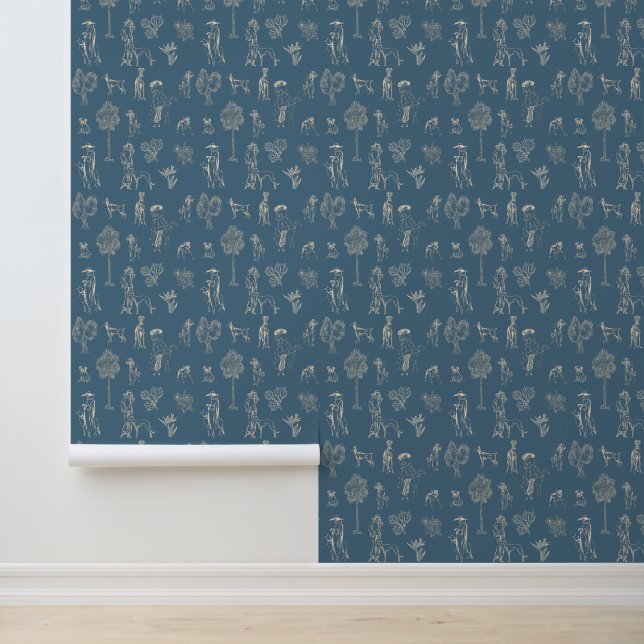 Dogs Lady Toile de Jouy Dark Turquoise  Wallpaper (Application)