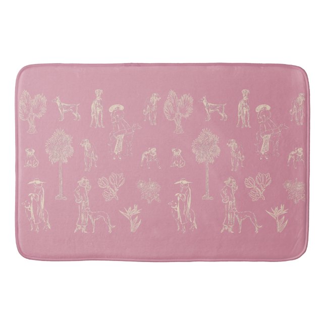 Dogs Lady Toile de Jouy Pink Color Bath Mat (Front)