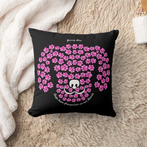 Dogs Leave Pawprints  Pink Dog Head  Black  Throw Pillow