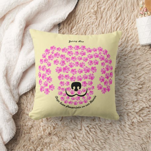 Dogs Leave Pawprints  Pink Dog Head  Yellow  Throw Pillow
