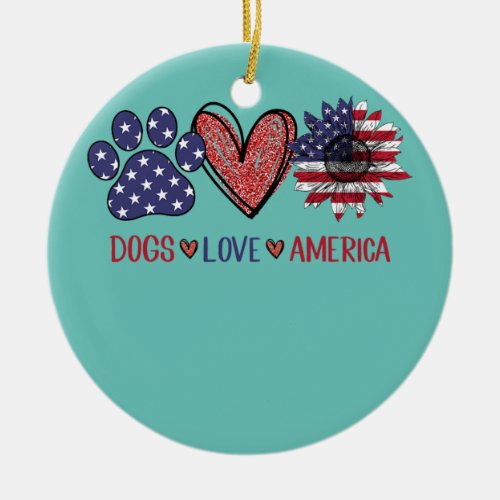Dogs Love America Sunflower USA Flag Dog Lover Ceramic Ornament