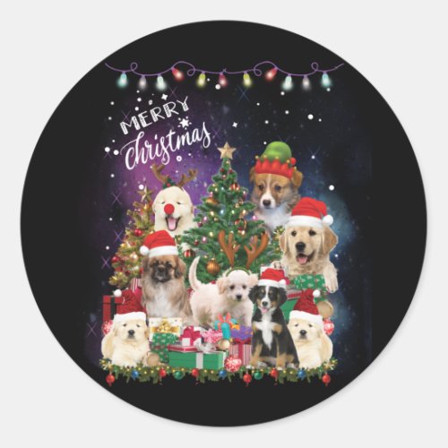 Dogs Merry Christmas Light Classic Round Sticker