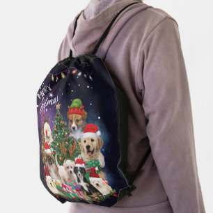Dogs Merry Christmas Light Drawstring Bag