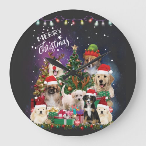 dogs Merry christmas Light Large Clock