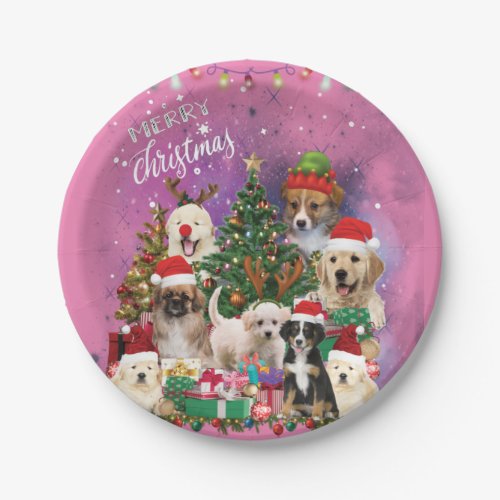 dogs Merry christmas Light Paper Plates