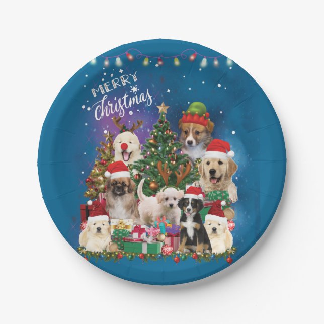 dogs Merry christmas Light Paper Plates (Front)