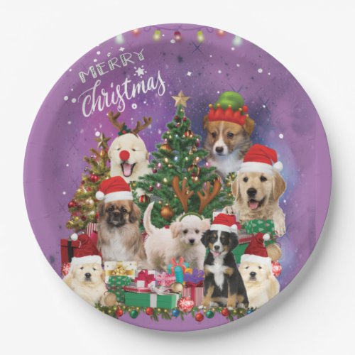 dogs Merry christmas Light Paper Plates