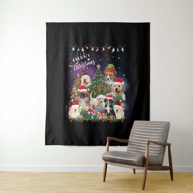 dogs Merry christmas Light Tapestry (In Situ)