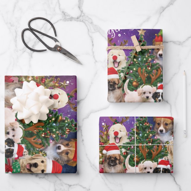 Dogs Merry Christmas Light Wrapping Paper Sheets (Front)