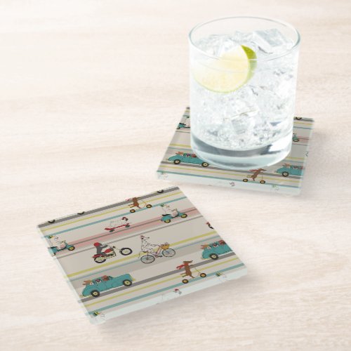 Dogs Moving in Vehicles Pattern Glass Coaster