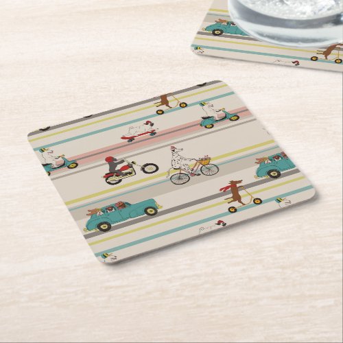 Dogs Moving in Vehicles Pattern Square Paper Coaster