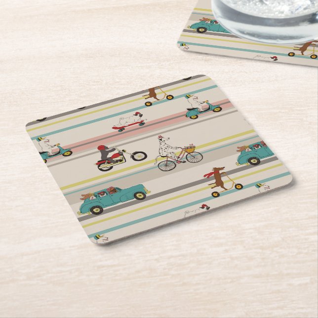 Dogs Moving in Vehicles Pattern Square Paper Coaster (Angled)