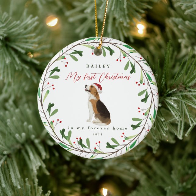 Dog's My First Christmas with Name Beagle Ceramic Ornament (Tree)