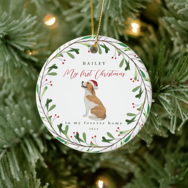 Dog's My First Christmas with Name Beagle Ceramic Ornament (Tree)